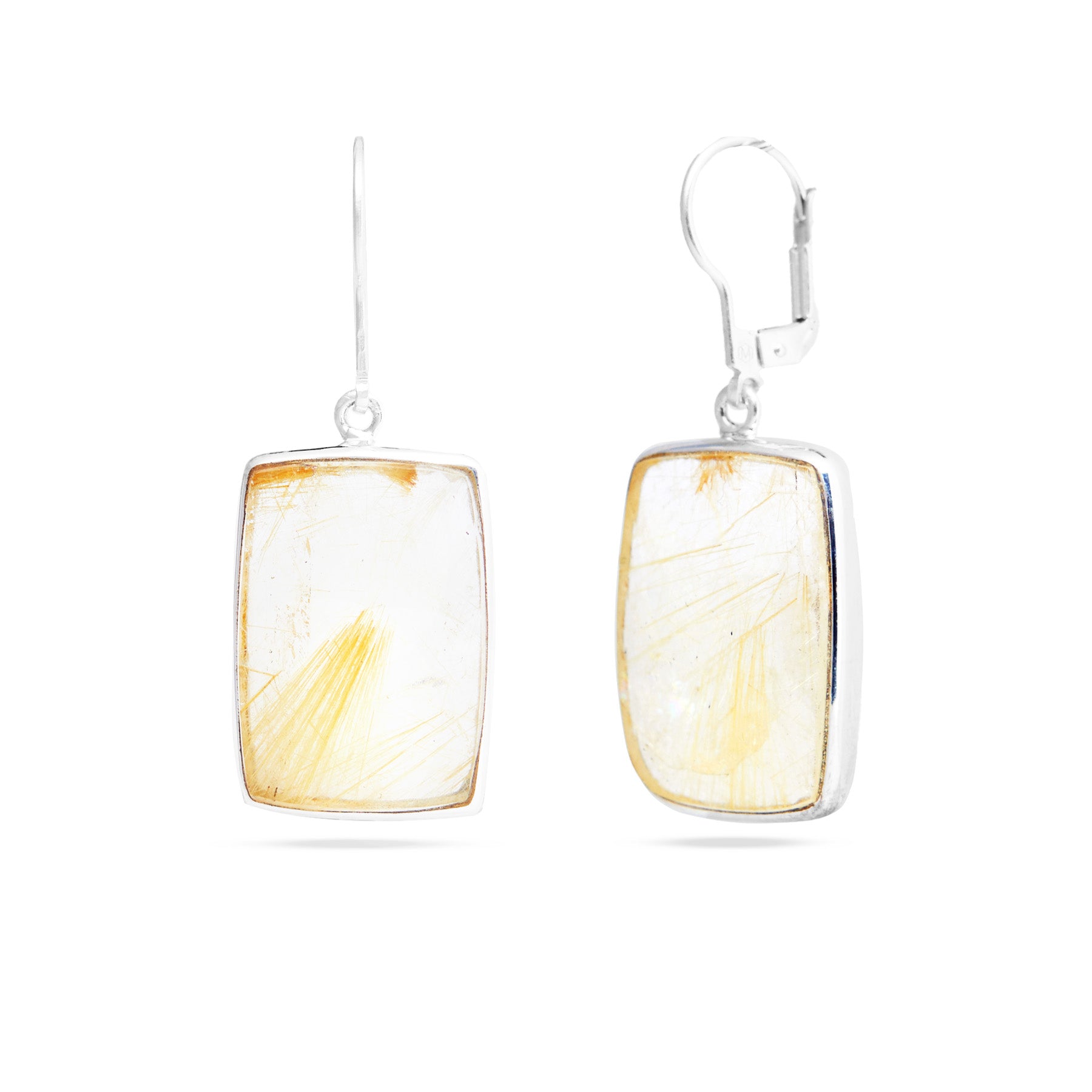 Rutilated Quartz Drop checker baord facet rectangle bezel set Earrings