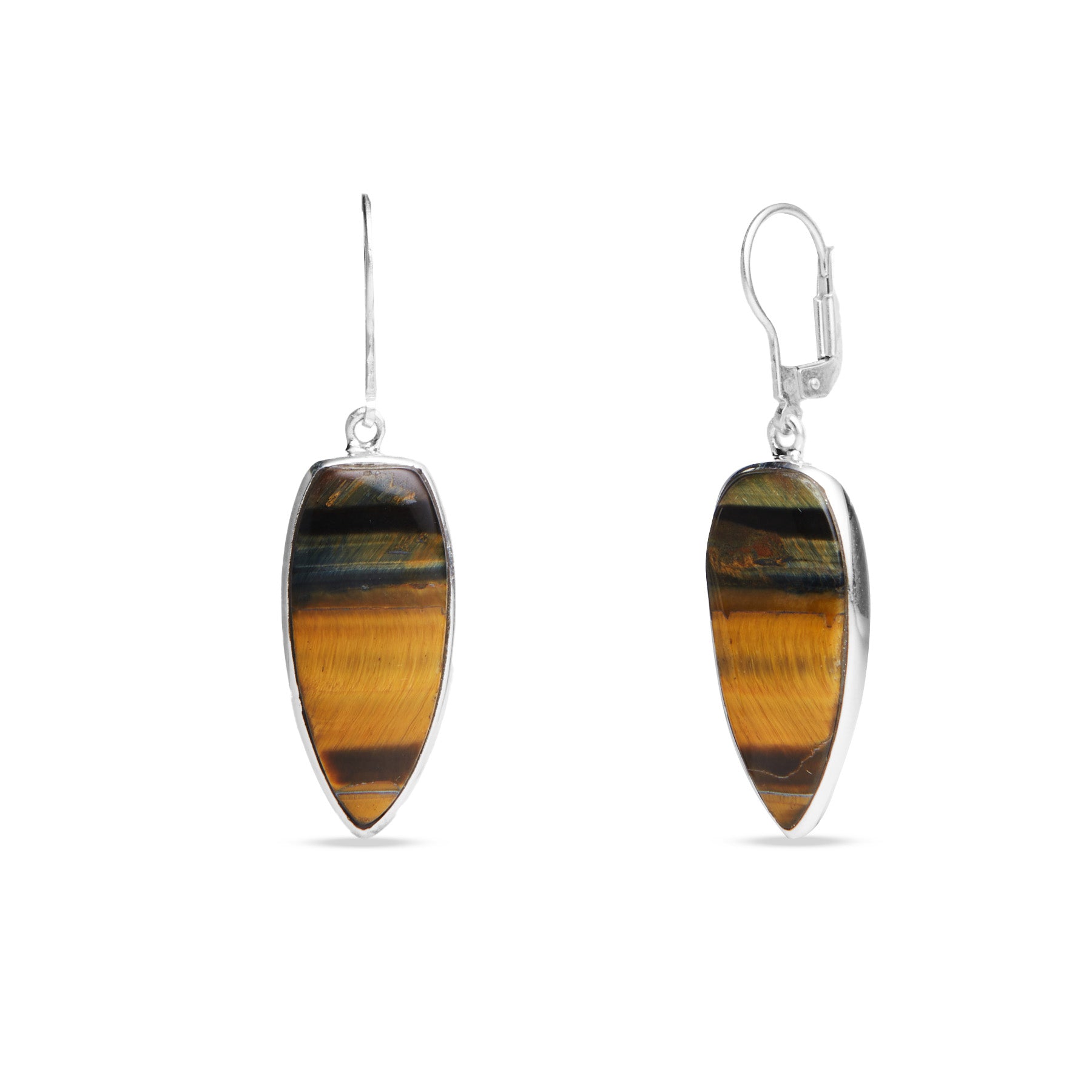 Hawk's Eye teardrop earrings on a white background