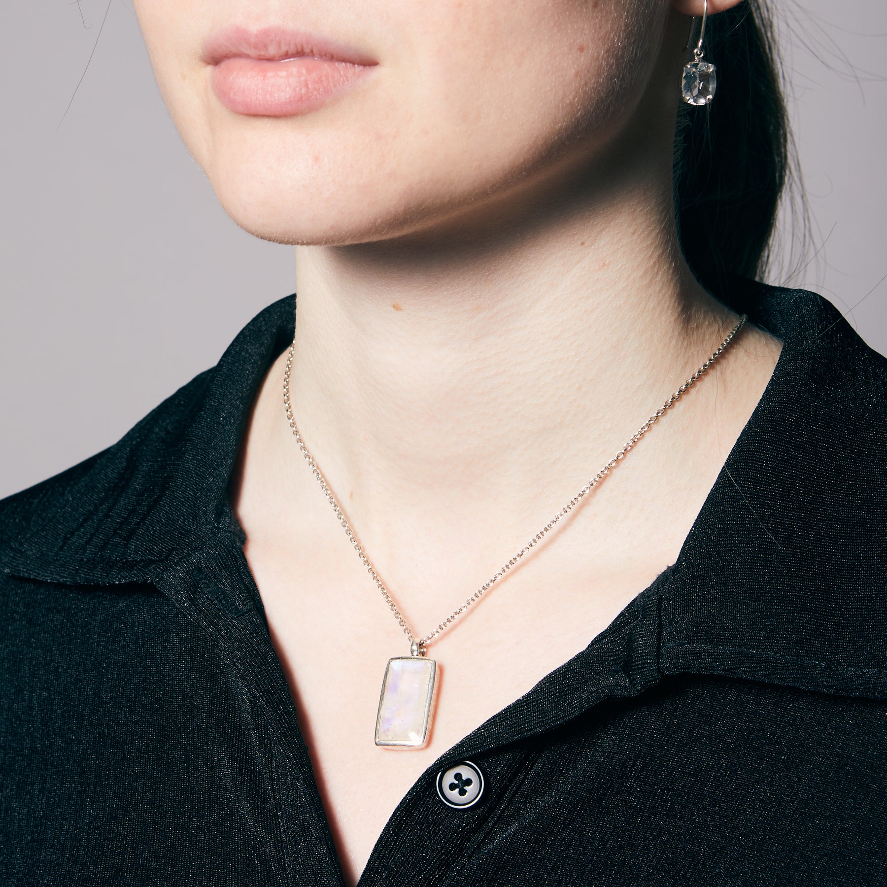 Rainbow Moonstone faceted rectangle bezel set fixed hook Necklace