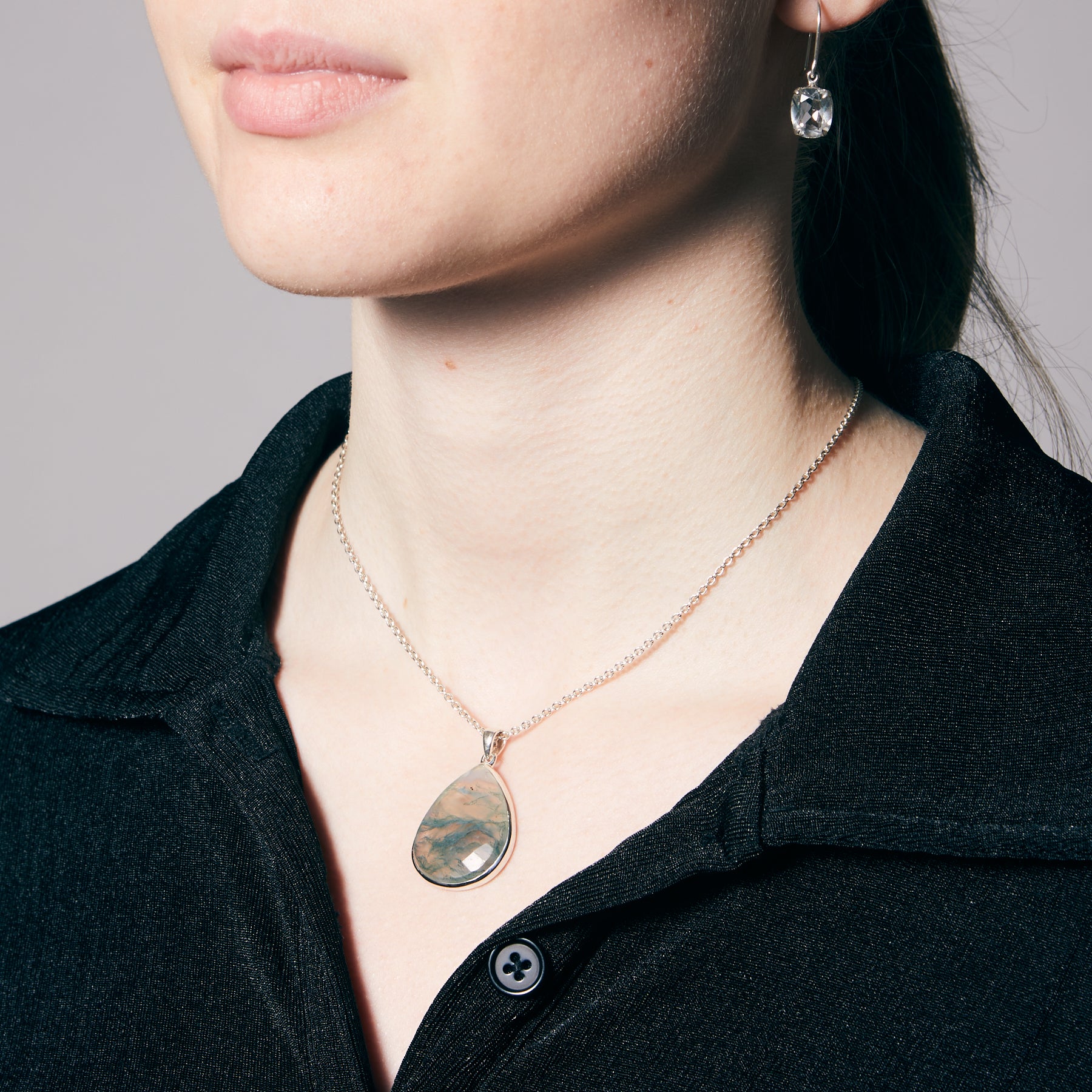 Moss Agate Necklace faceted checkered board teardrop bezel necklace