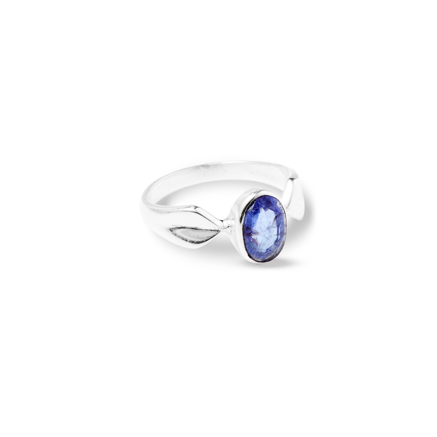 Silver ring with a blue gemstone on a white background