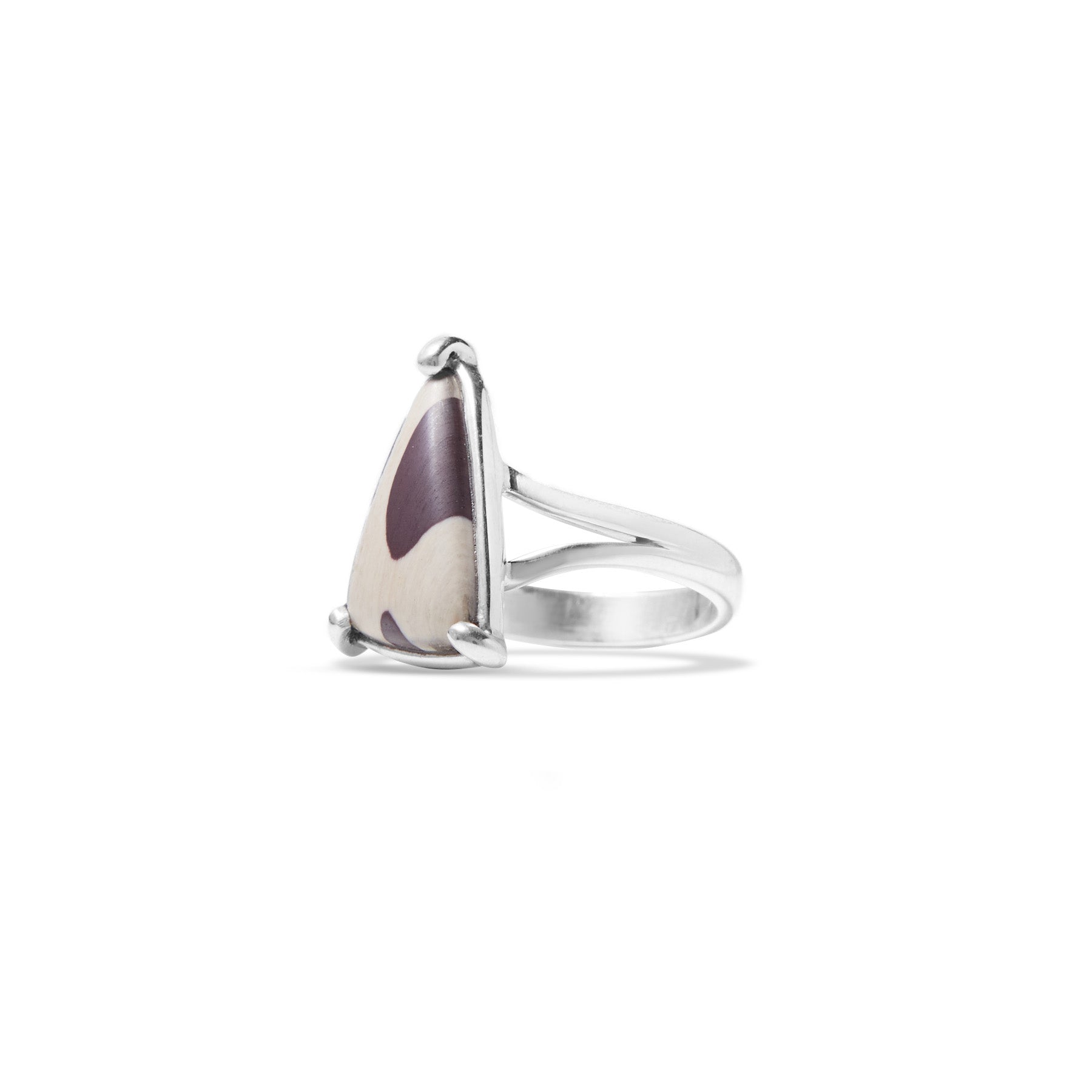 Silver ring with a Zebra Stone on a white background