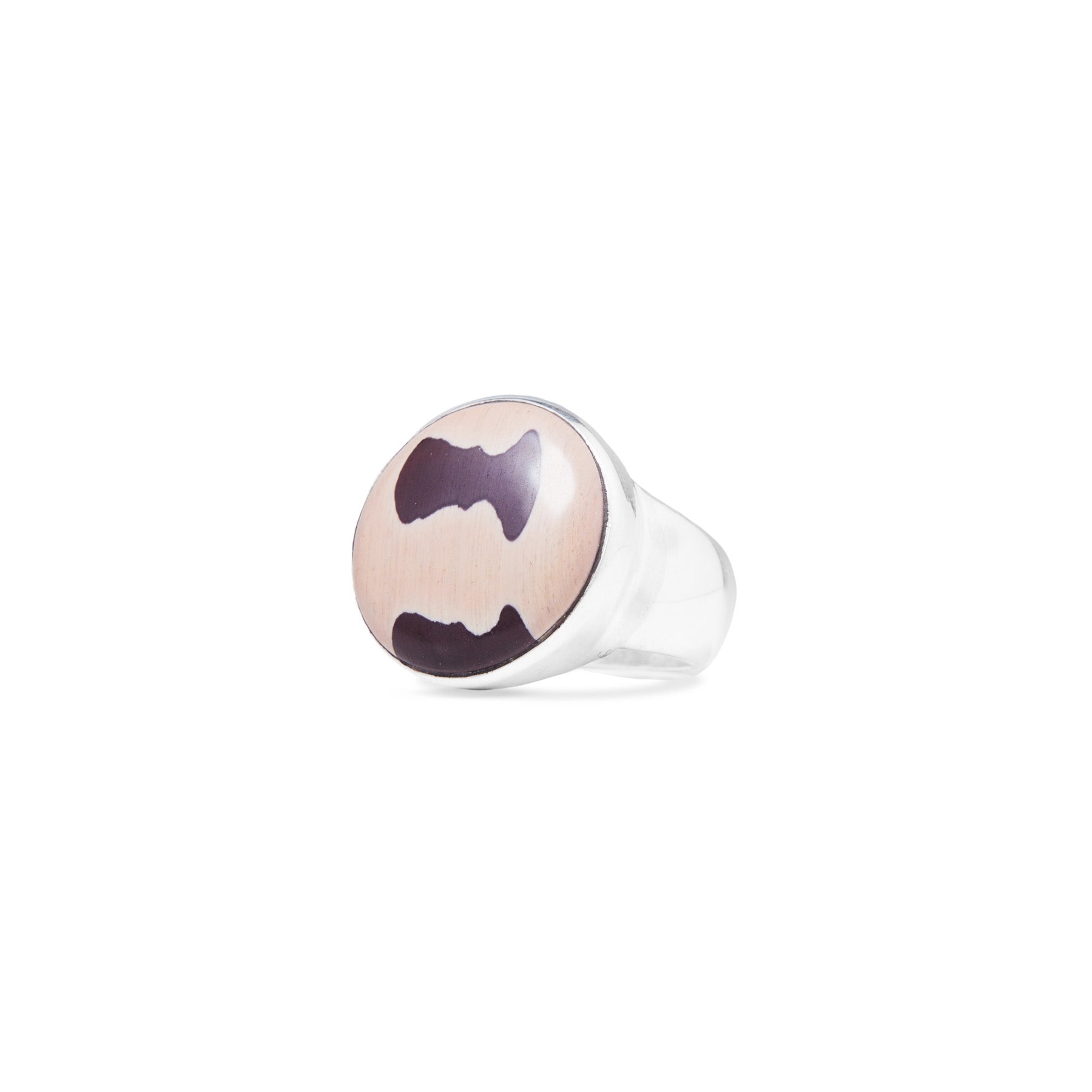 Silver ring with a Zebra Stone on a white background
