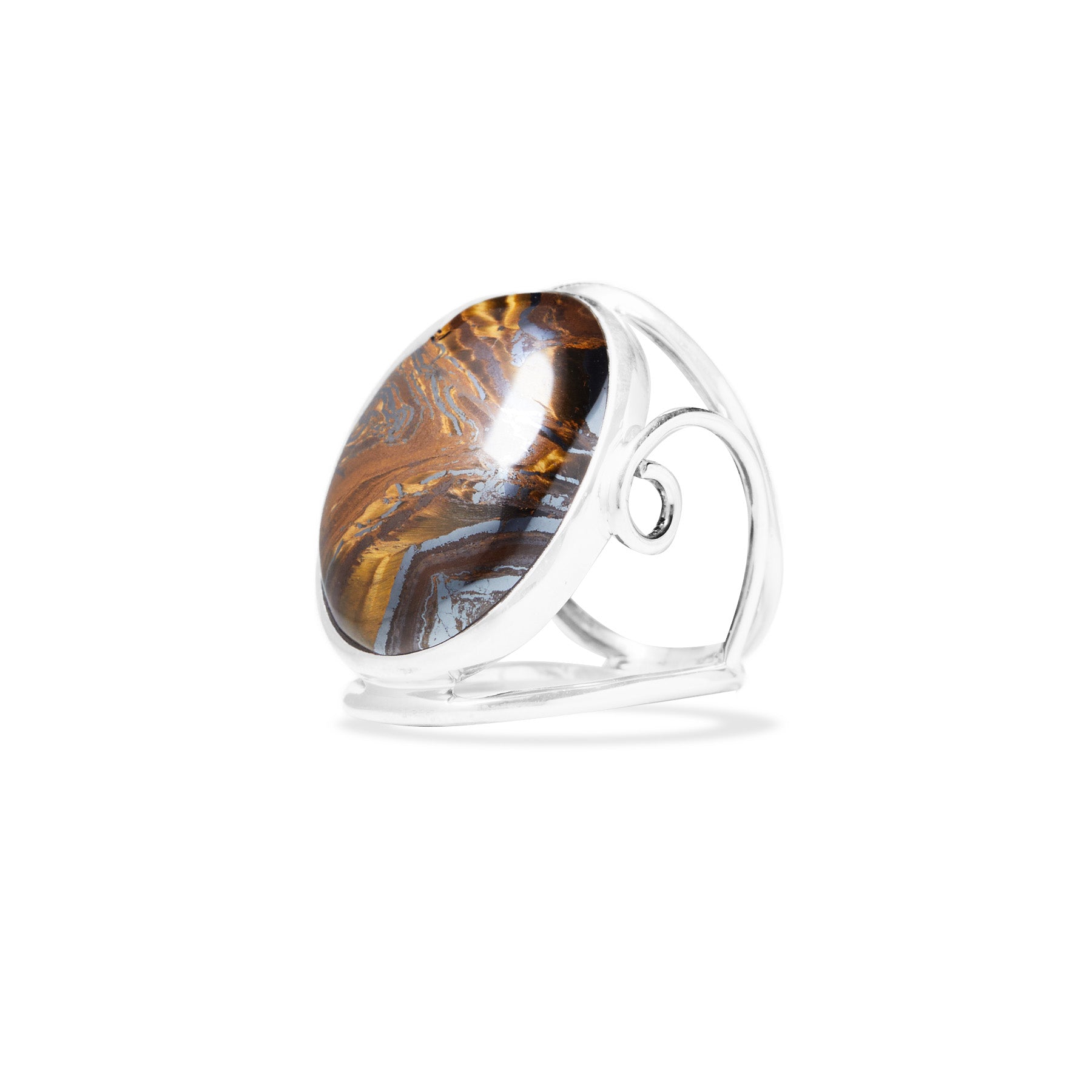 Silver ring with a large, oval, brown stone on a white background