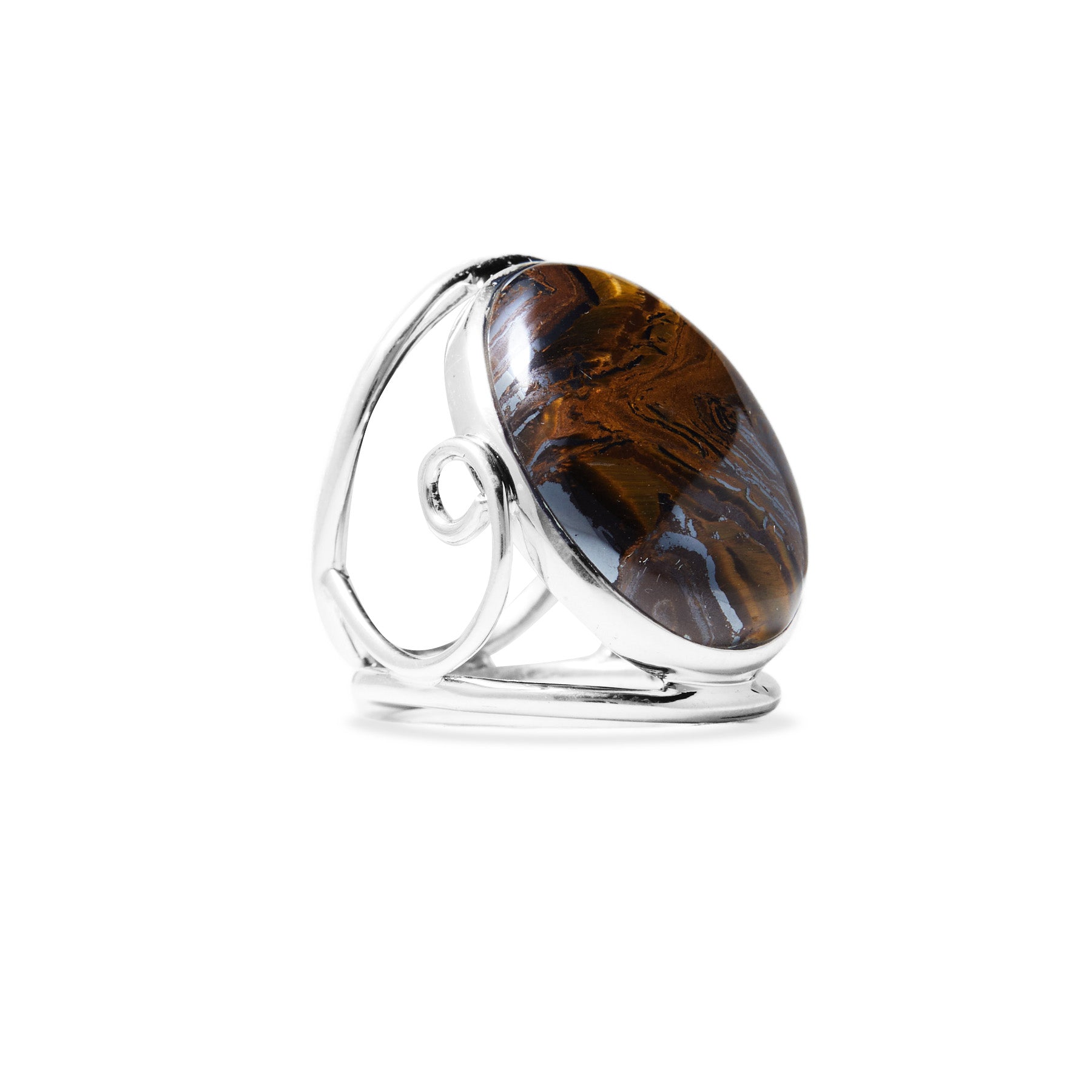 Silver ring with a large, oval, brown stone on a white background