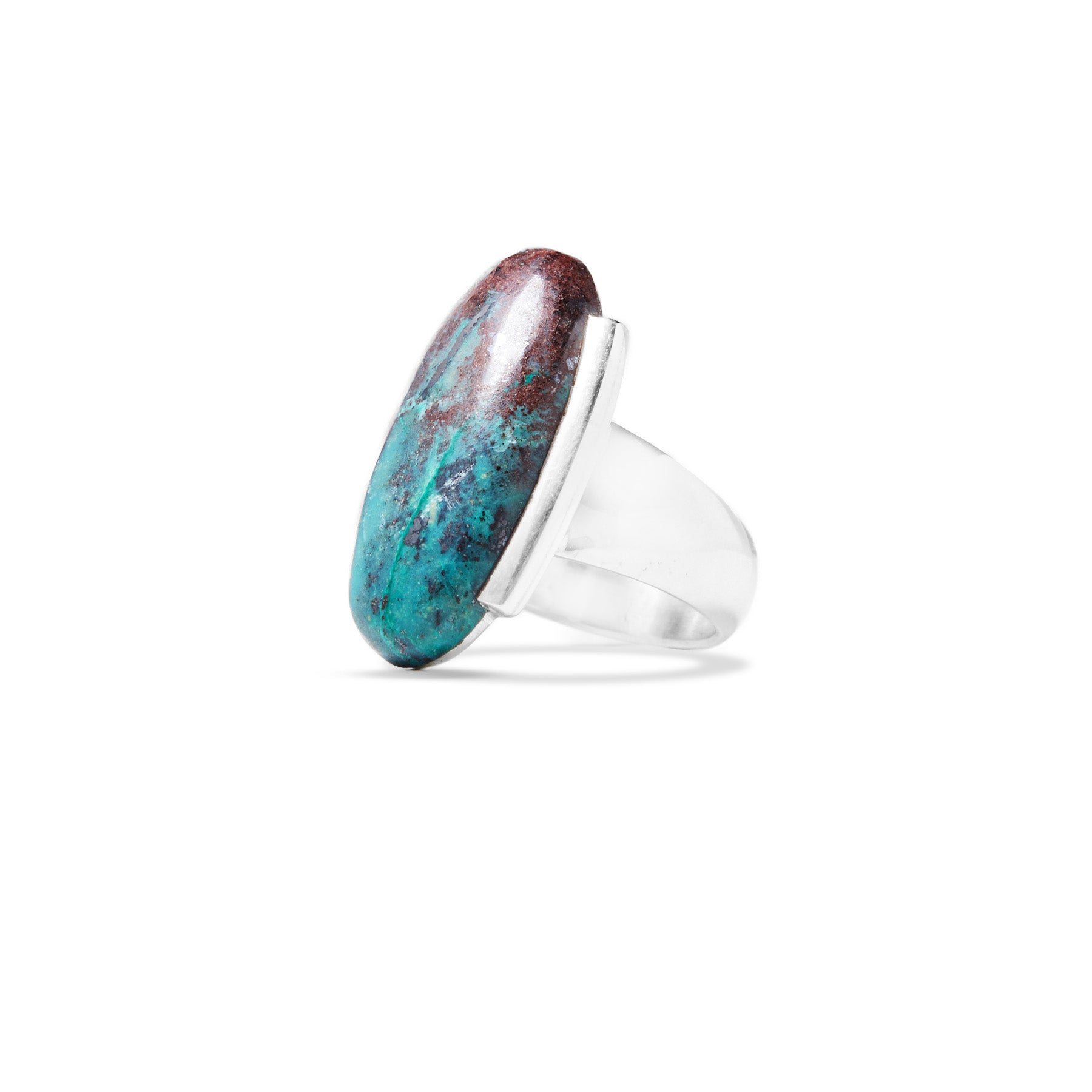 Silver ring with an oval, multicoloured stone on a white background.