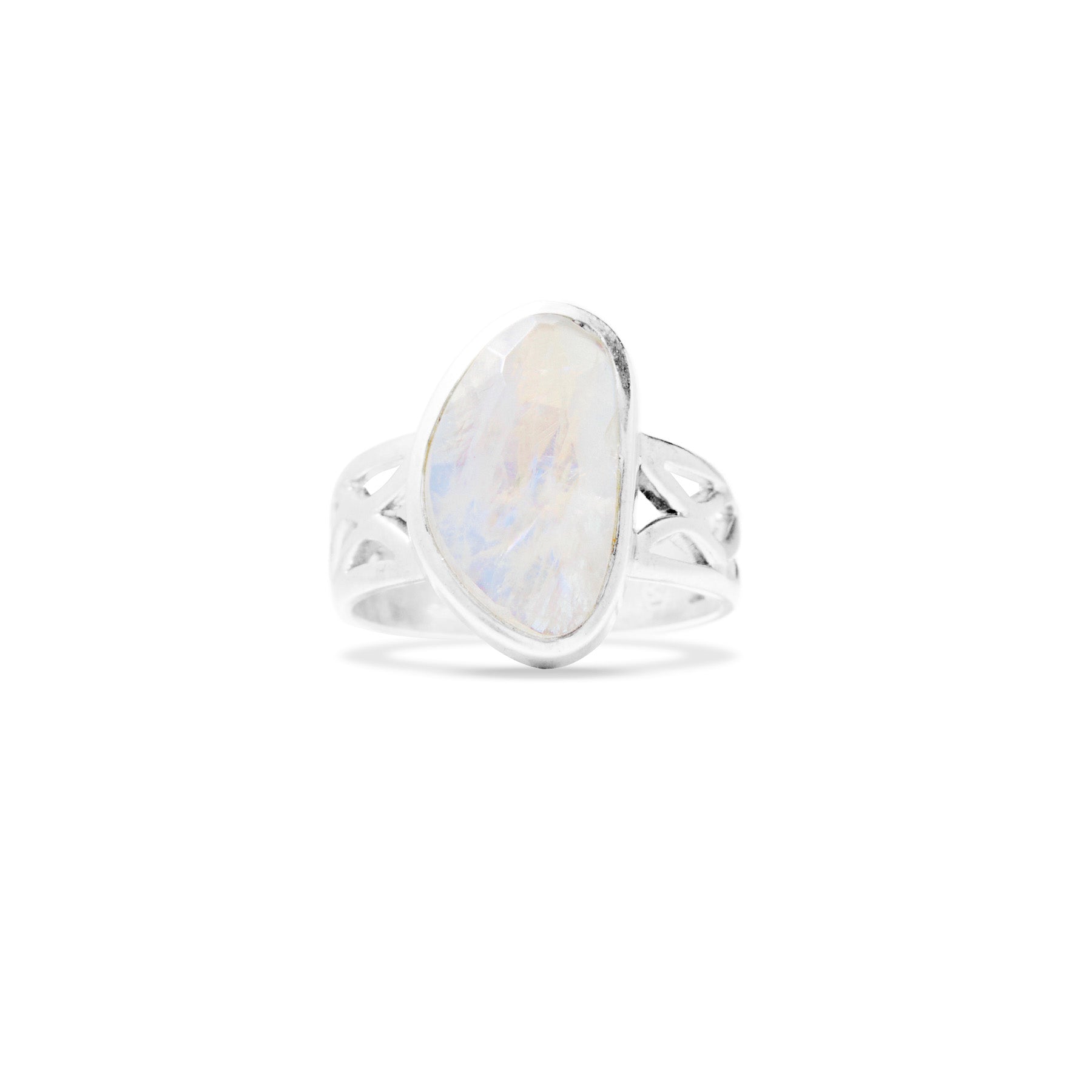 Silver ring with a freeform Rainbow Moonstone on a white background