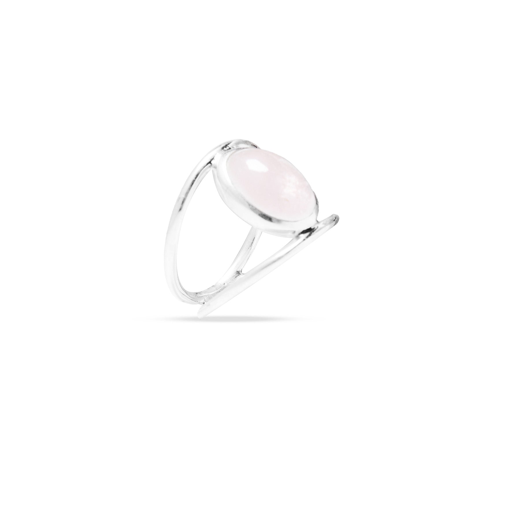 Silver ring with a pink gemstone on a white background.