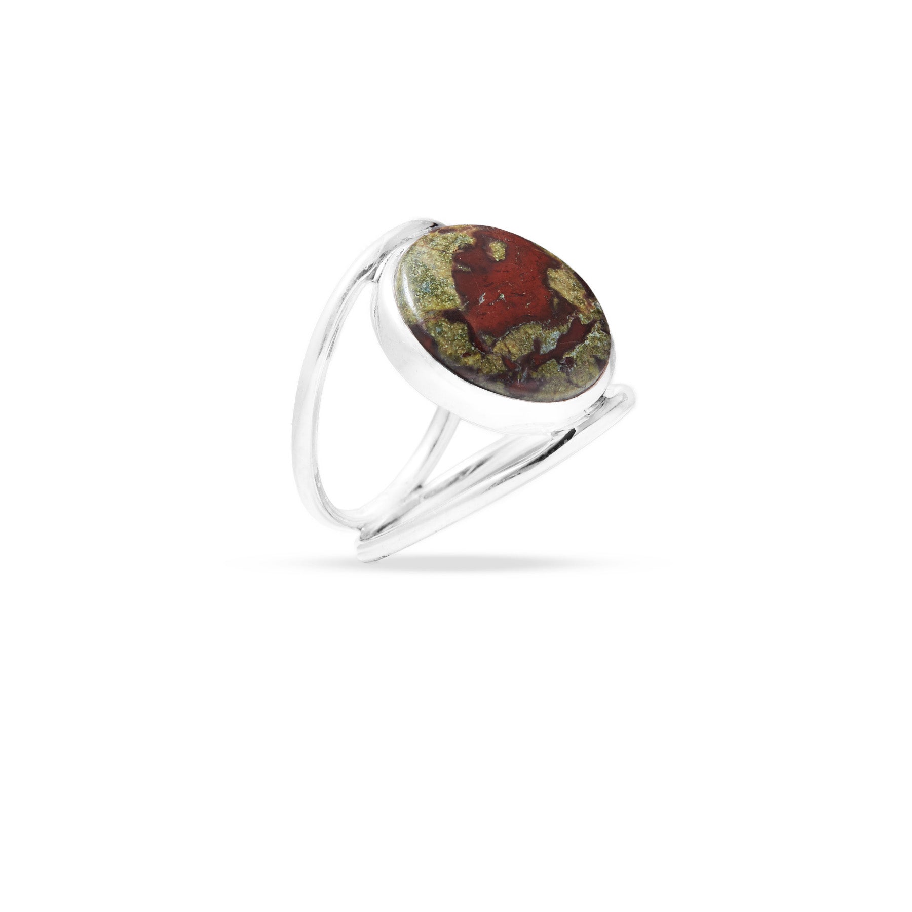 Silver ring with a red and green gemstone on a white background.