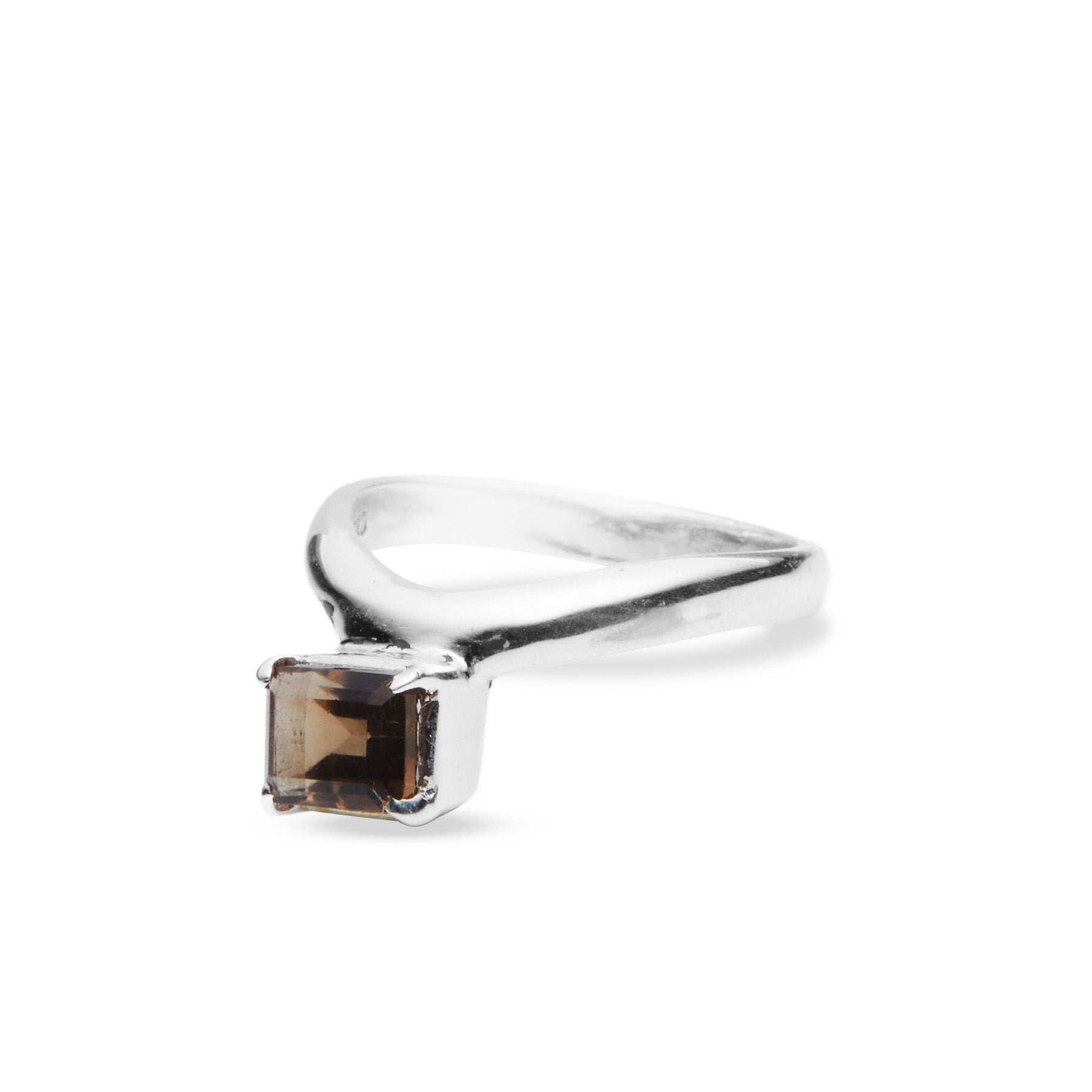 Silver ring with a rectangle-cut smoky quartz gemstone on a white background