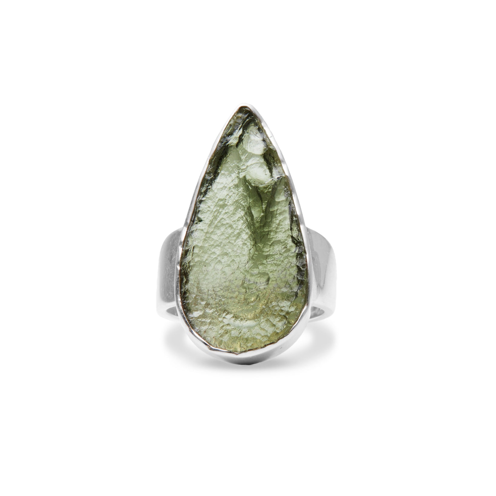Teardrop-shaped green stone ring on a white background