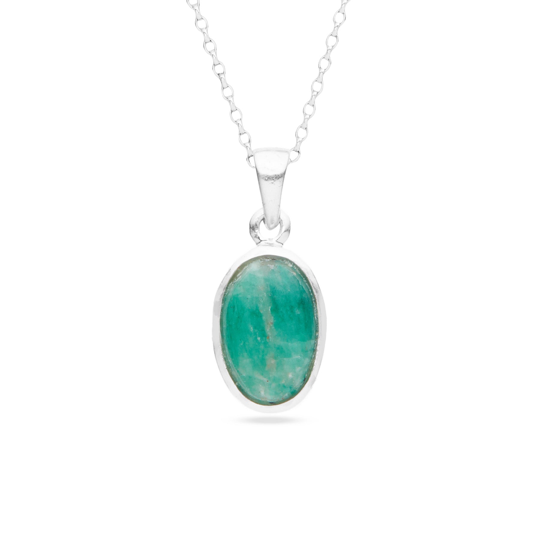 Silver necklace with a green gemstone pendant on a white background