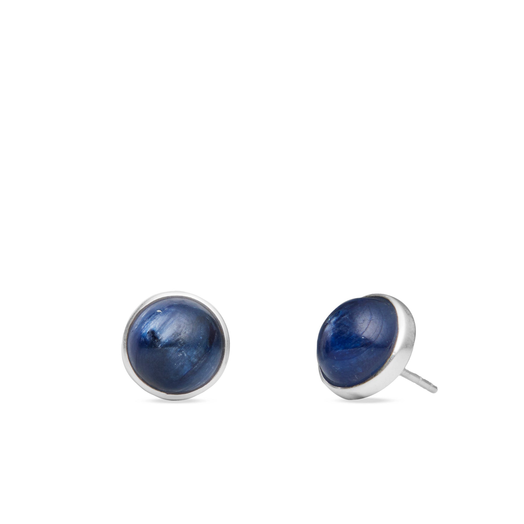 Pair of blue round stud earrings on a white background