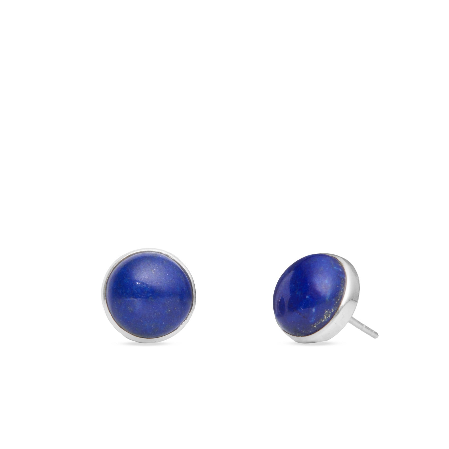 Pair of blue round stud earrings on a white background
