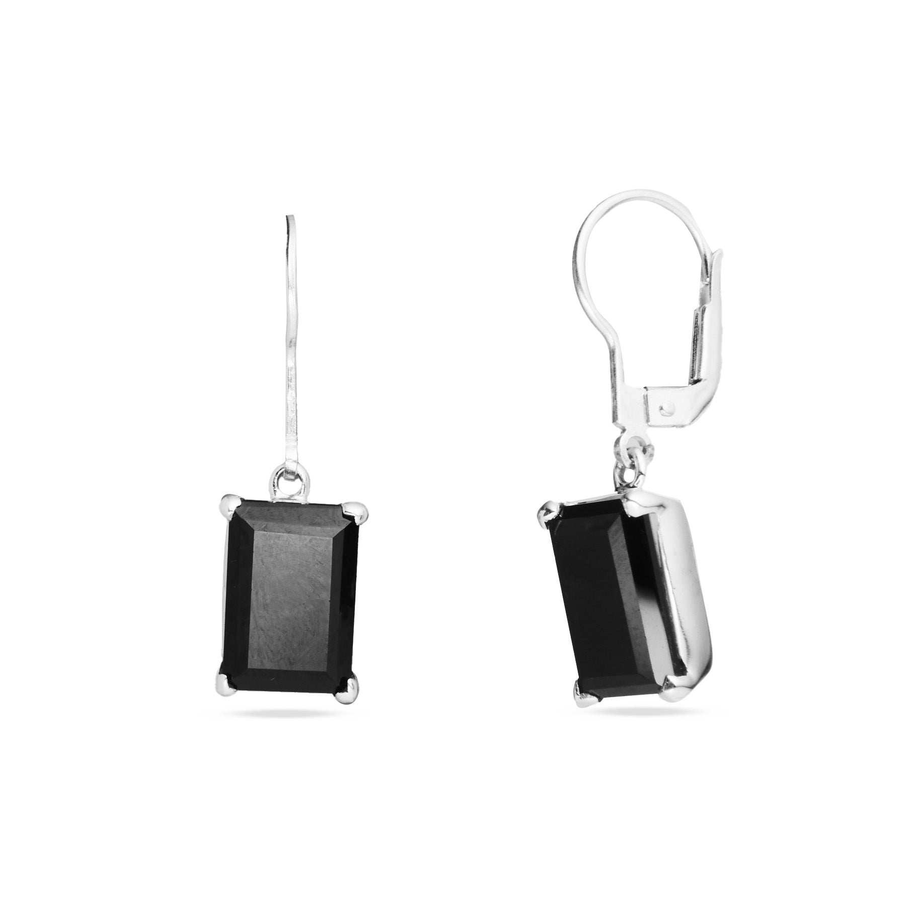 Black rectangular gemstone earrings with silver hooks on a white background