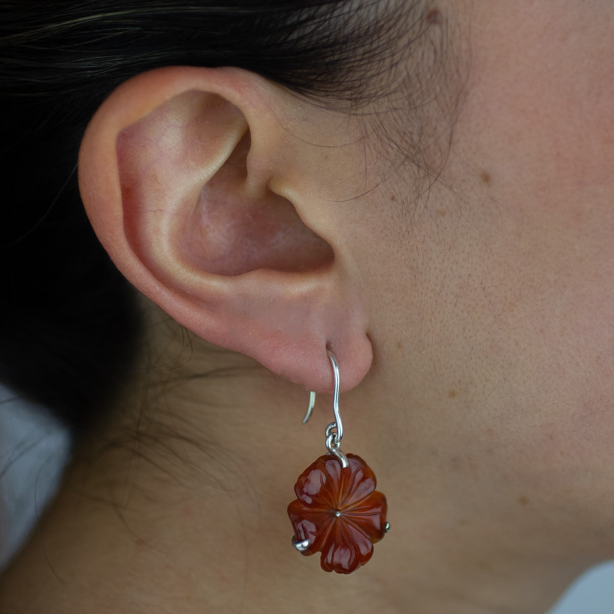 Carnelian Flower design Drop Earrings with claw setting