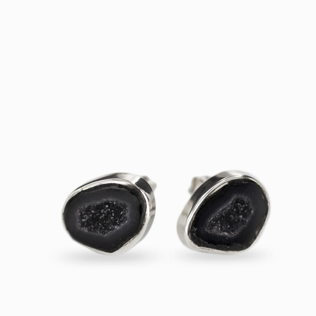 Sterling silver bezel set black agate geode studs