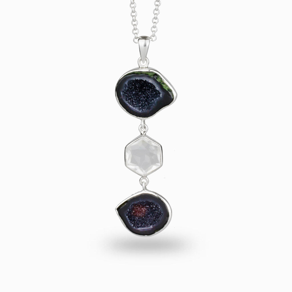 Drop necklace with two Agate geodes, one hanging above and one below a clear quartz on a silver chain