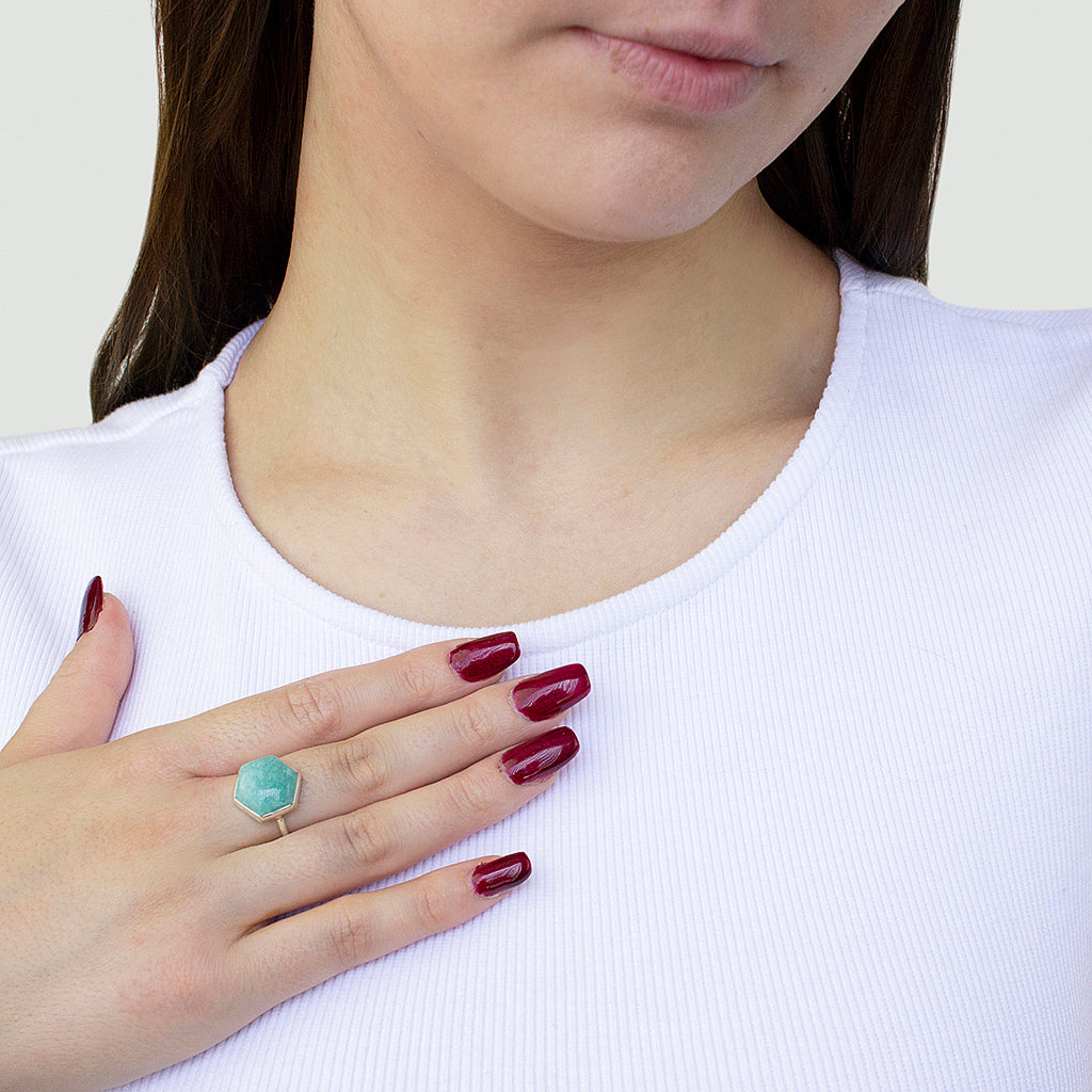 Amazonite Hexagon Ring on model hand