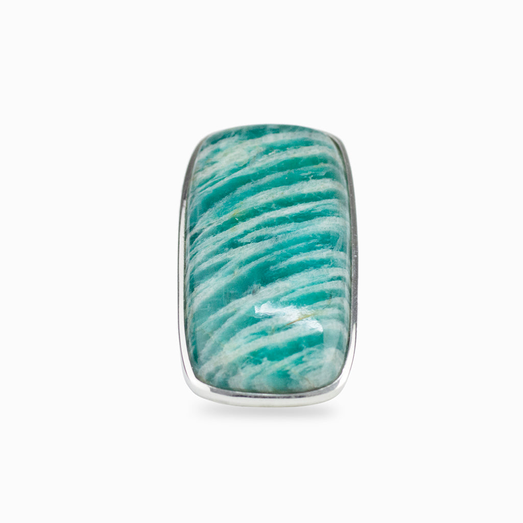 Teal coloured, rectangle with diagonal white line markings. cabochon cut, set in 925 sterling silver bezel