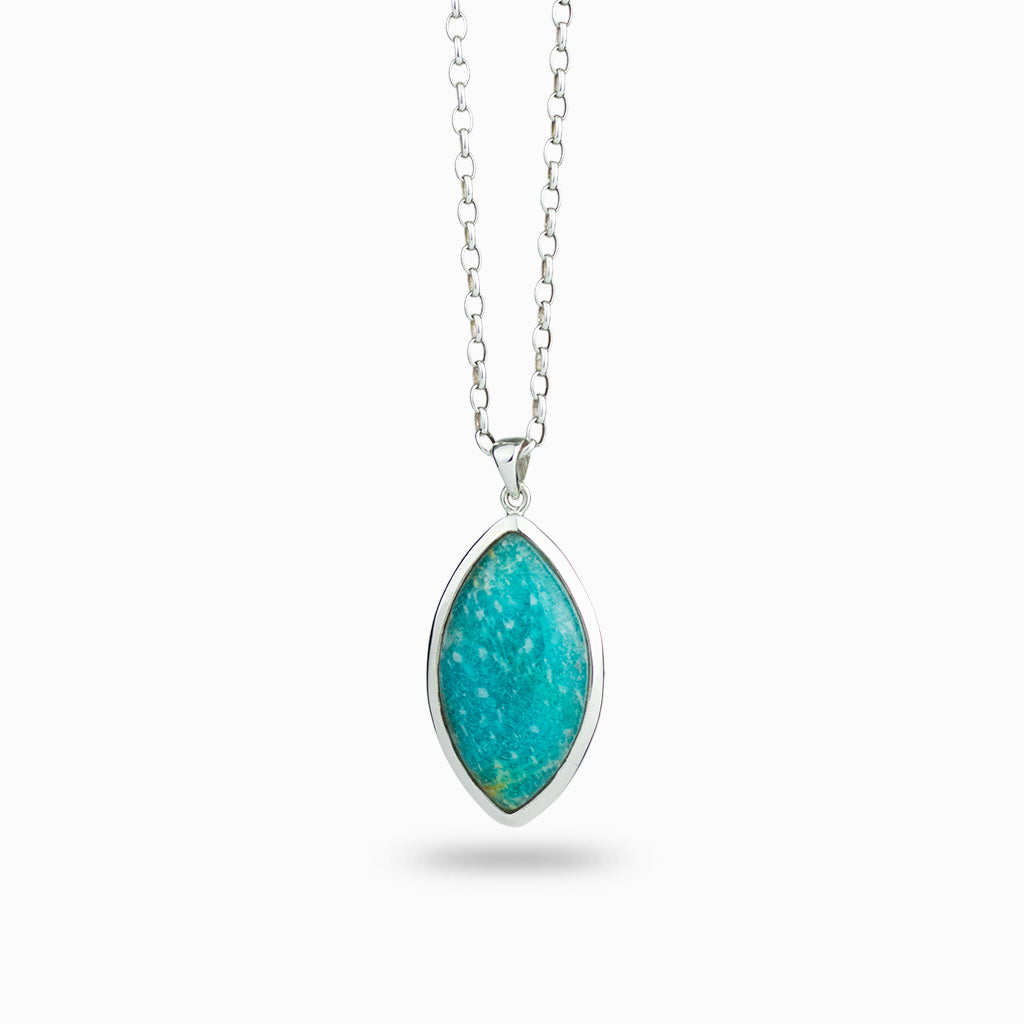 teal coloured with faint white spots, marquise shaped, cabochon cut, 925 sterling silver bezel setting, on a 925 sterling silver chain.