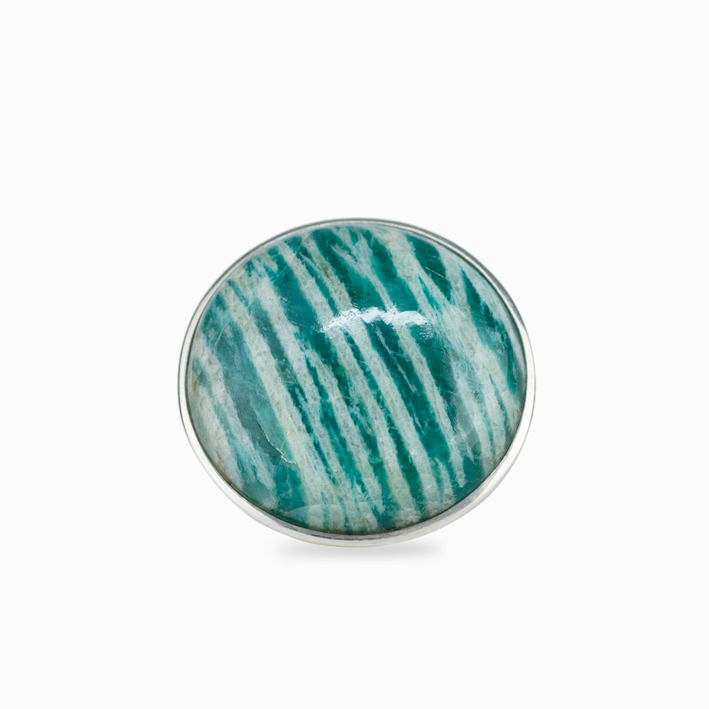 teal and white stripped oval stone. cabochon cut, set in 925 sterling silver.