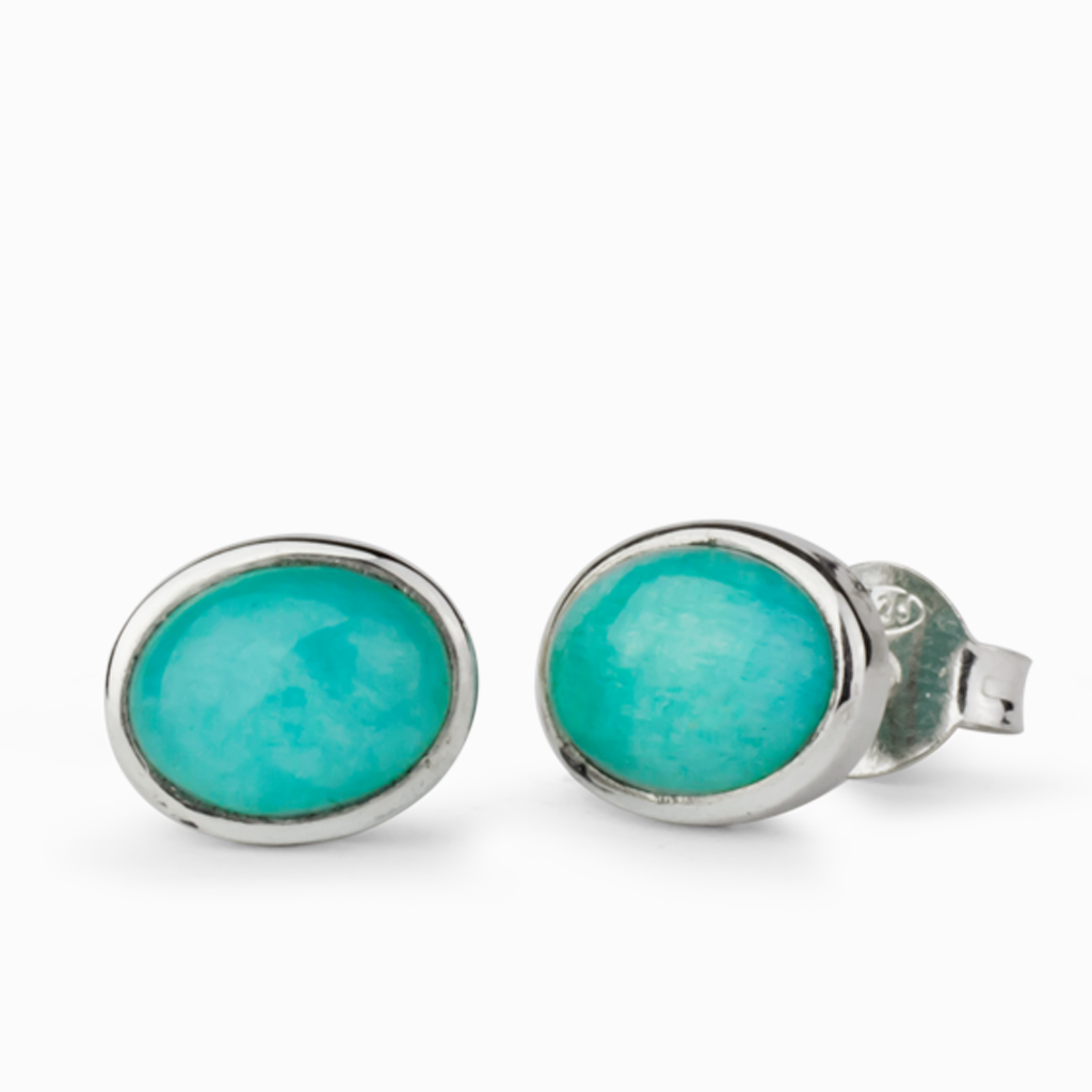 Amazonite, oval, cabochon studs set in 925 sterling silver