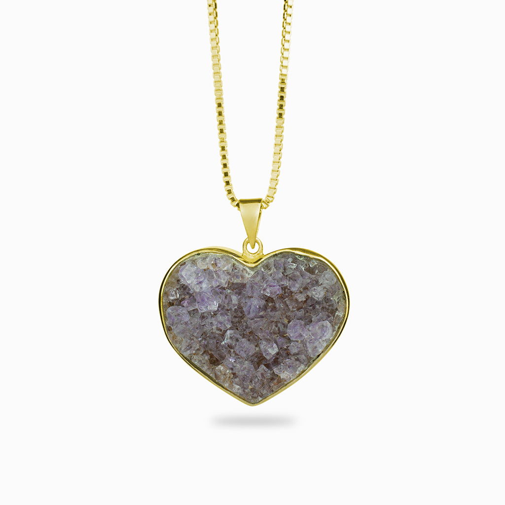Amethyst Druzy cluster, Heart-shaped necklace in yellow gold vermeil