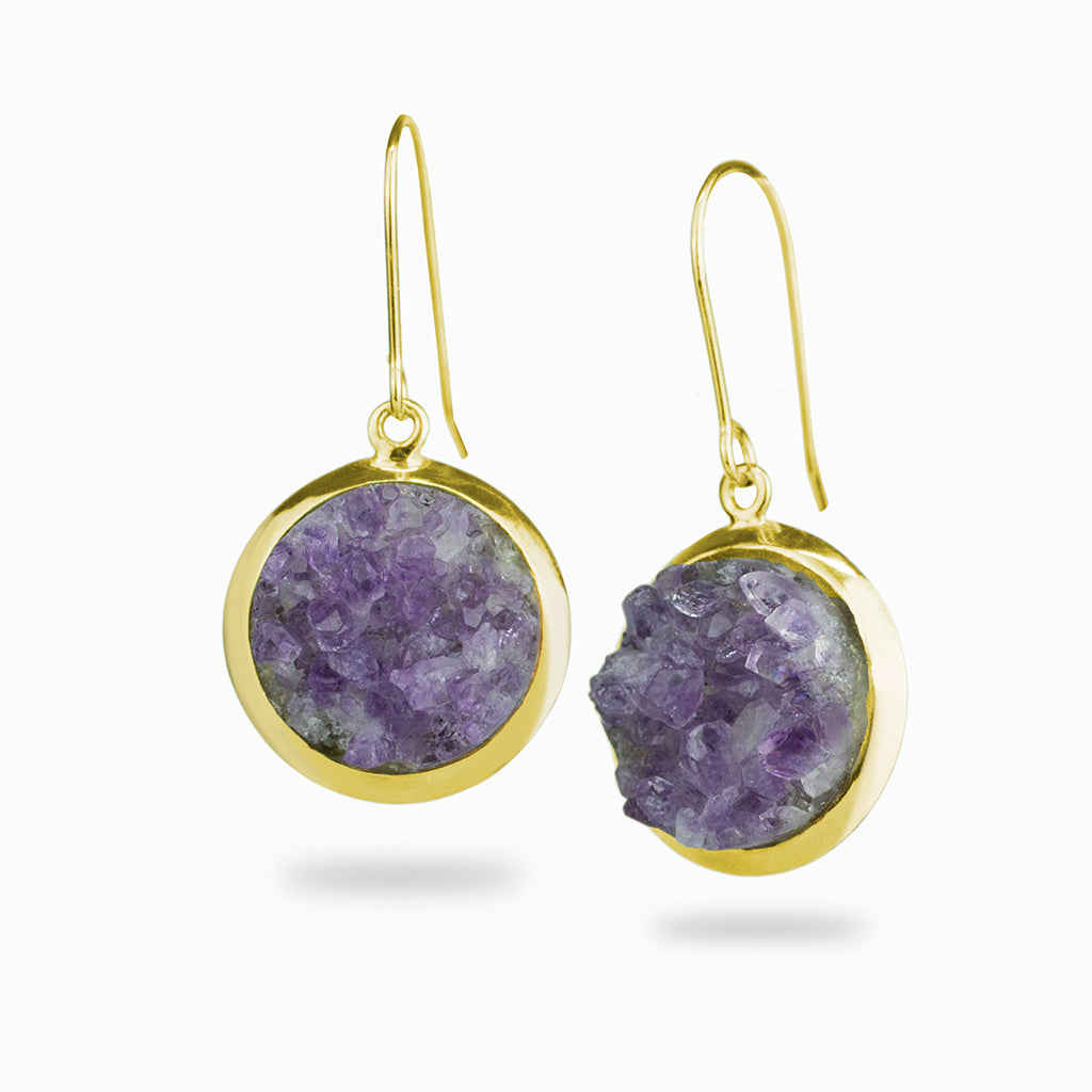 Amethyst Druzy Cluster Earrings in Yellow Gold Vermeil