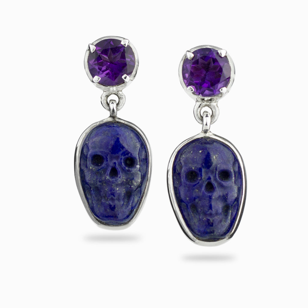 AMETHYST FACETED STUDS WITH LAPIS LAZULI CARVED SKULLS