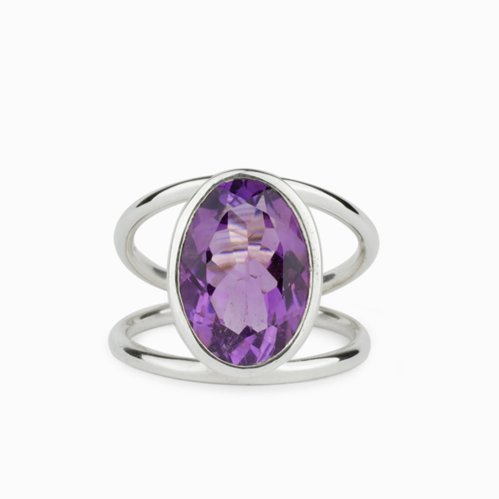 Oval shaped, Open Band Amethyst Ring