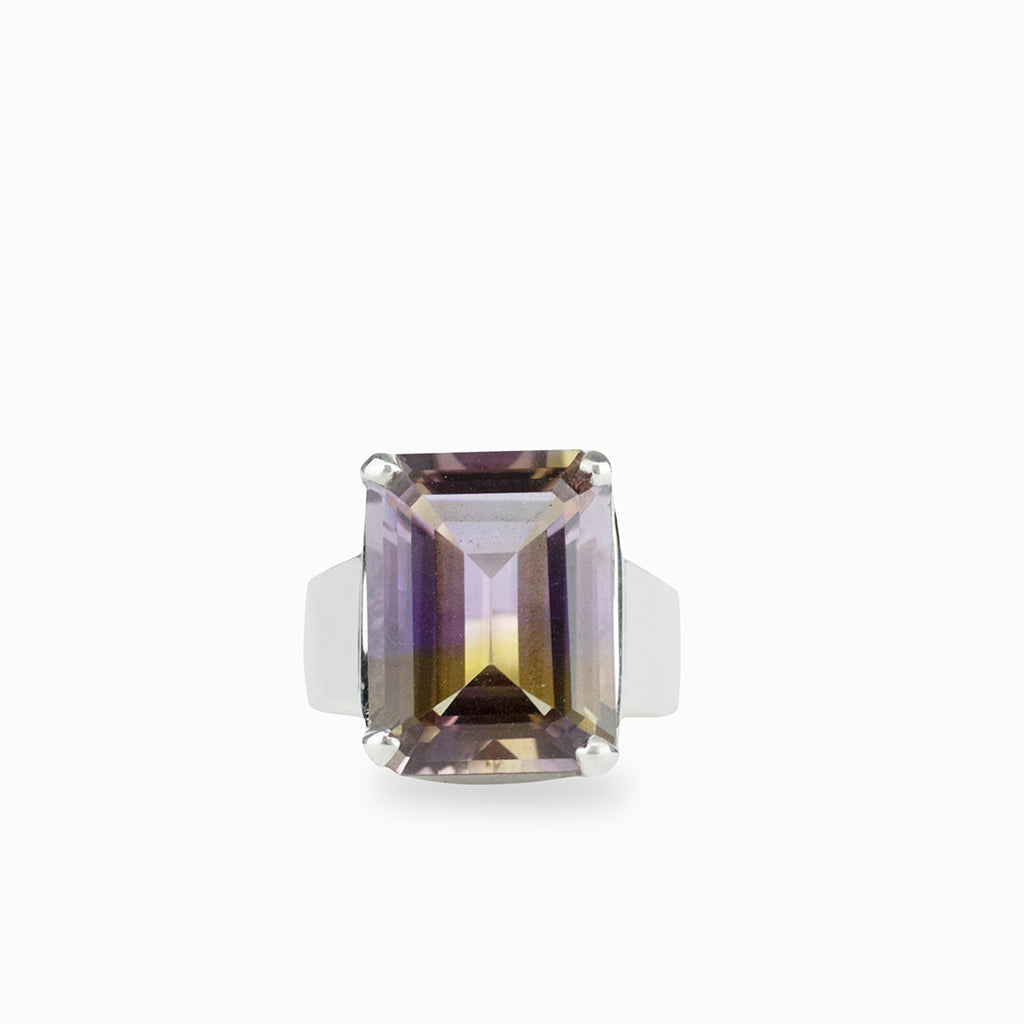 Rectangle shaped Faceted Ametrine ring