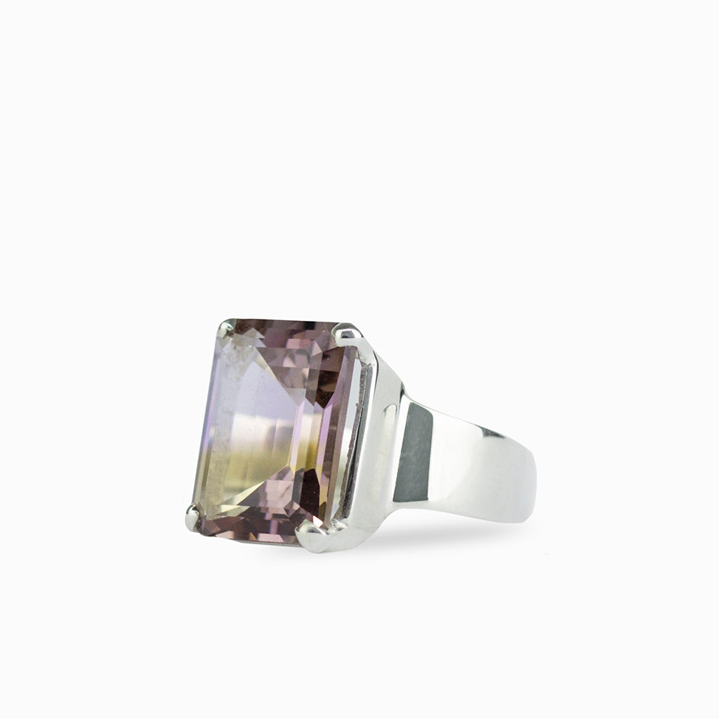 Rectangle shaped Faceted Ametrine ring