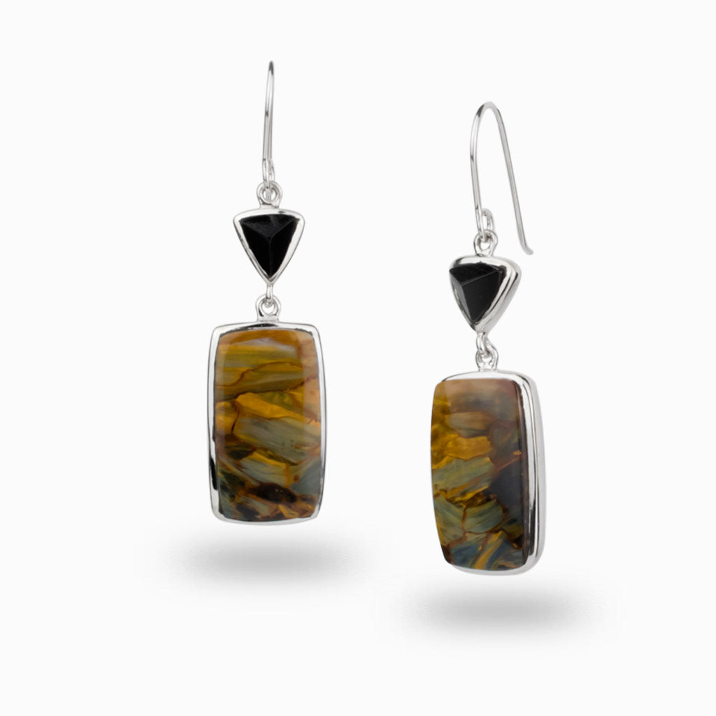 Pietersite & Black Tourmaline Drop Earrings