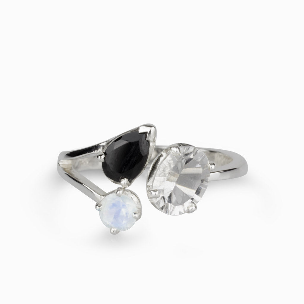 Clear Quartz, Black Onyx & Rainbow Moonstone Ring