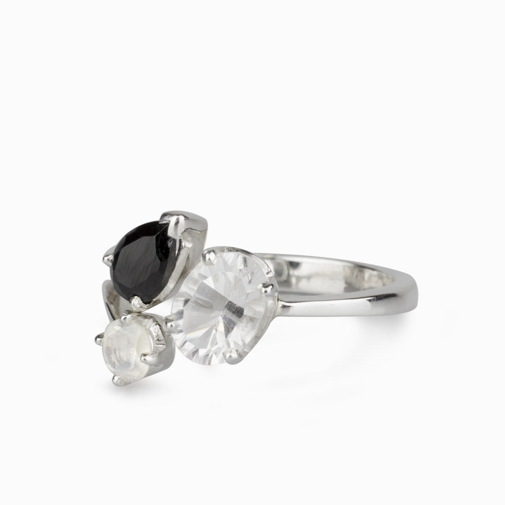 Clear Quartz, Black Onyx & Rainbow Moonstone Ring
