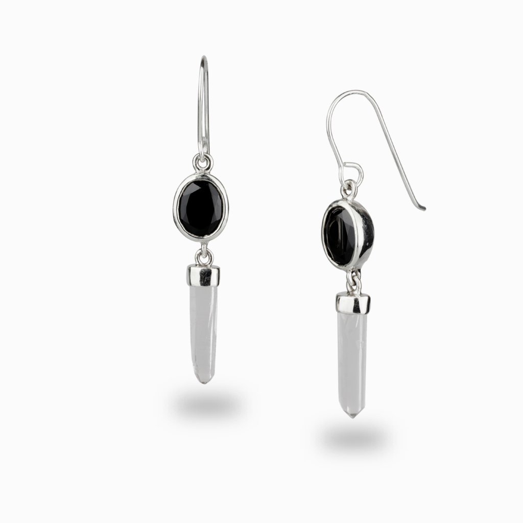 Black Onyx & Clear Quartz Drop Earrings