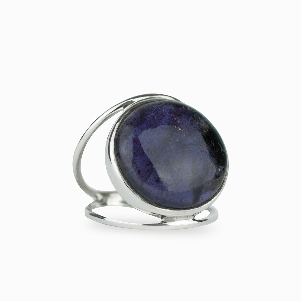 Bloodshot Iolite round cabochon ring