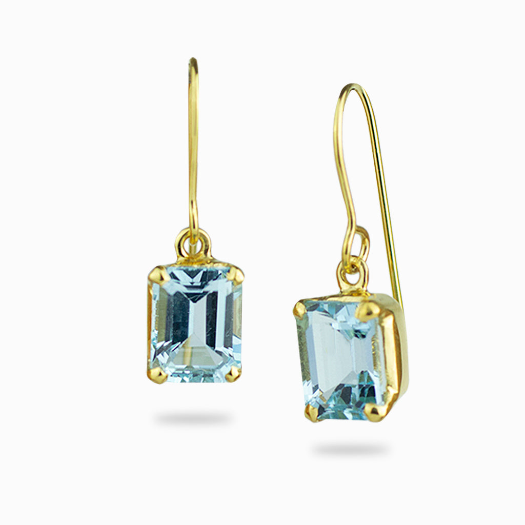 blue topaz drop earrings faceted rectangle claw 14k yellow gold vermeil
