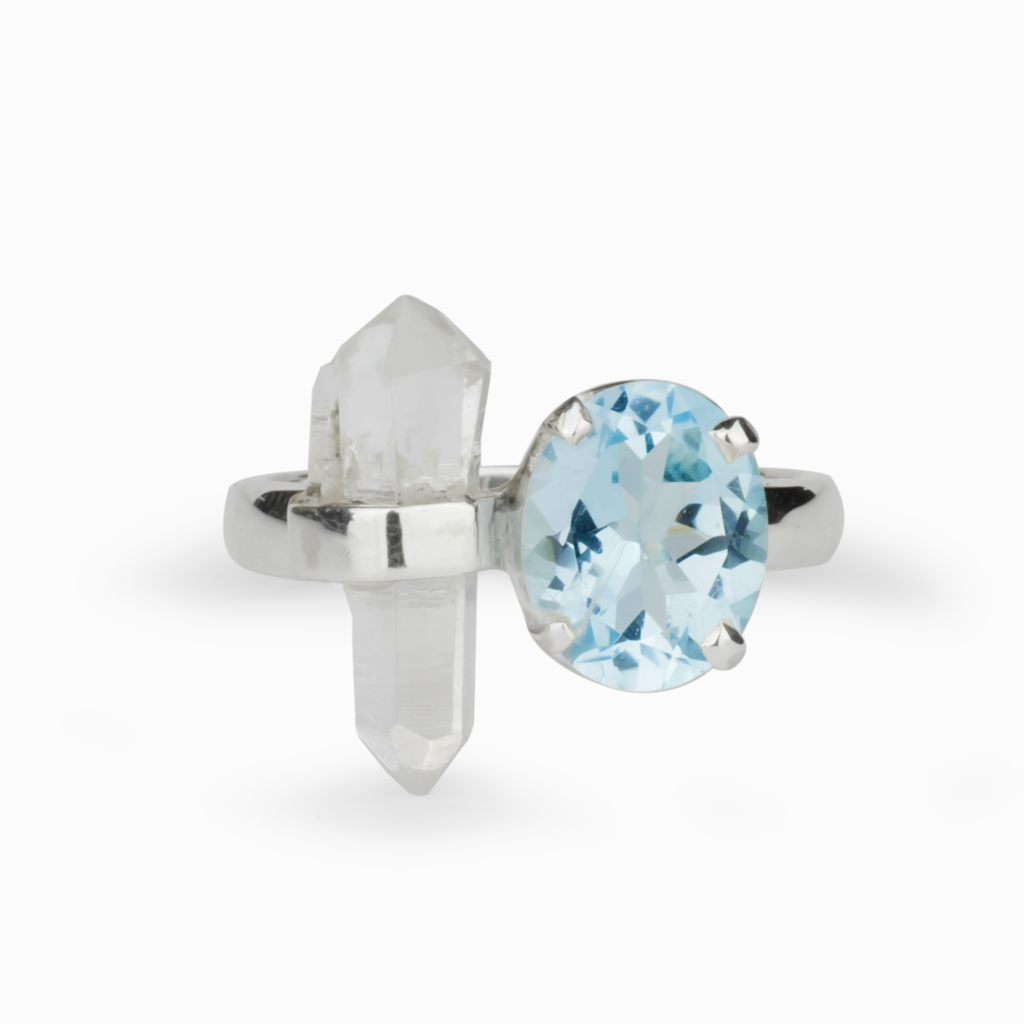 Clear Quartz Laser and Blue Topaz ring