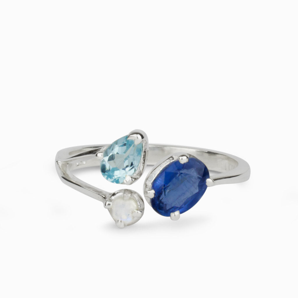 Kyanite, Blue Topaz & Rainbow Moonstone Ring