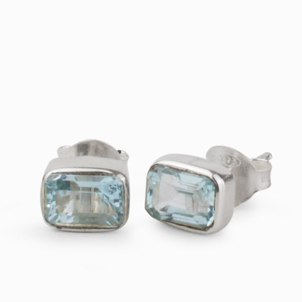 Blue Faceted Topaz Stud Earrings with bezel