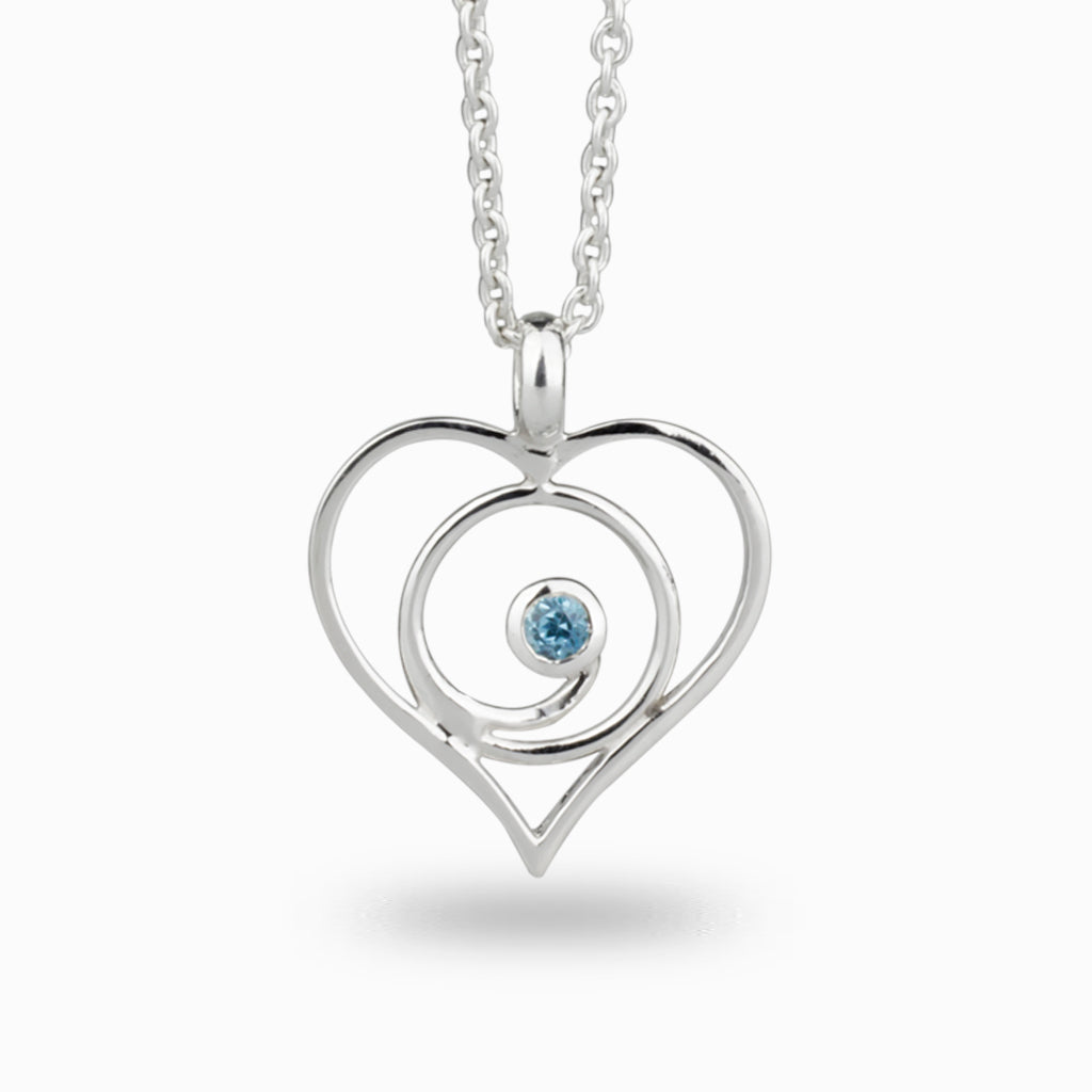 Heart shaped spiral Gratitude design Blue Topaz Necklace