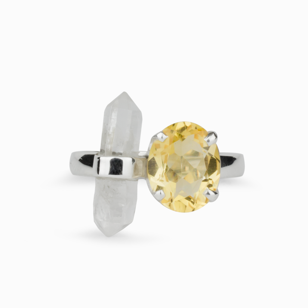 Clear Quartz laser with Citrine ring.