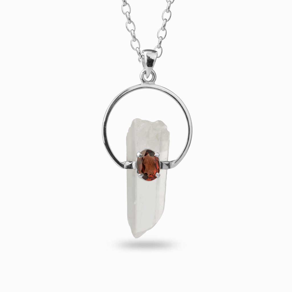 Halo set Clear Quartz Laser & Garnet Necklace