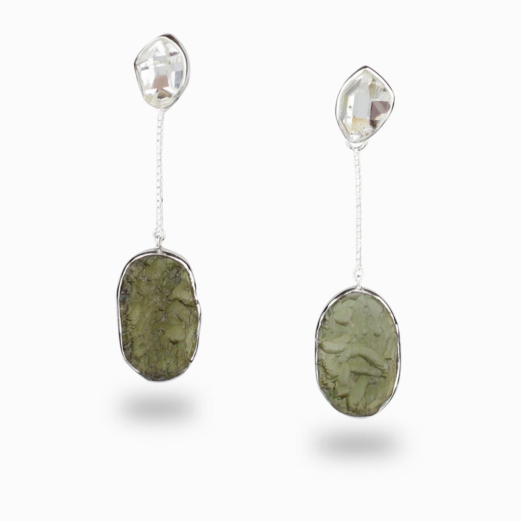 Herkimer Diamond & Moldavite Stud Drop Earrings