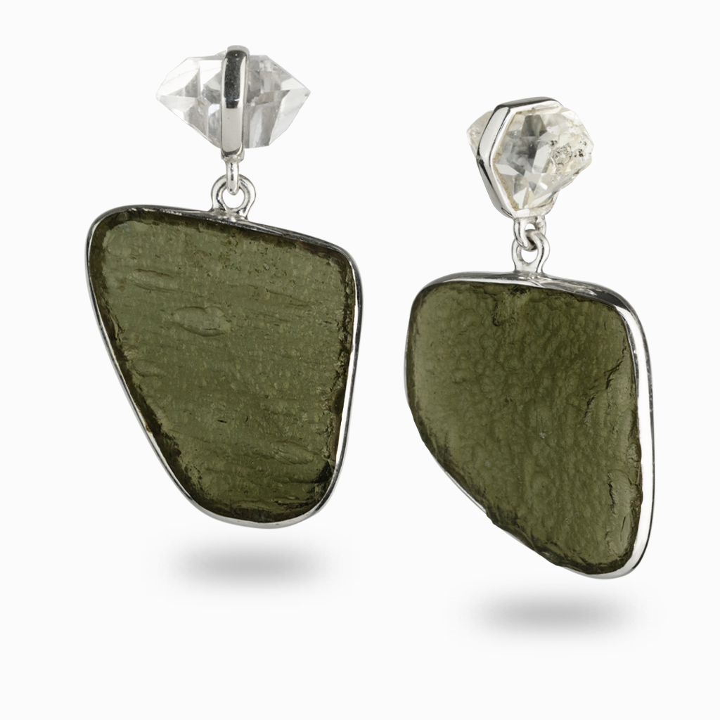 Moldavite & Herkimer Diamond Drop Earrings