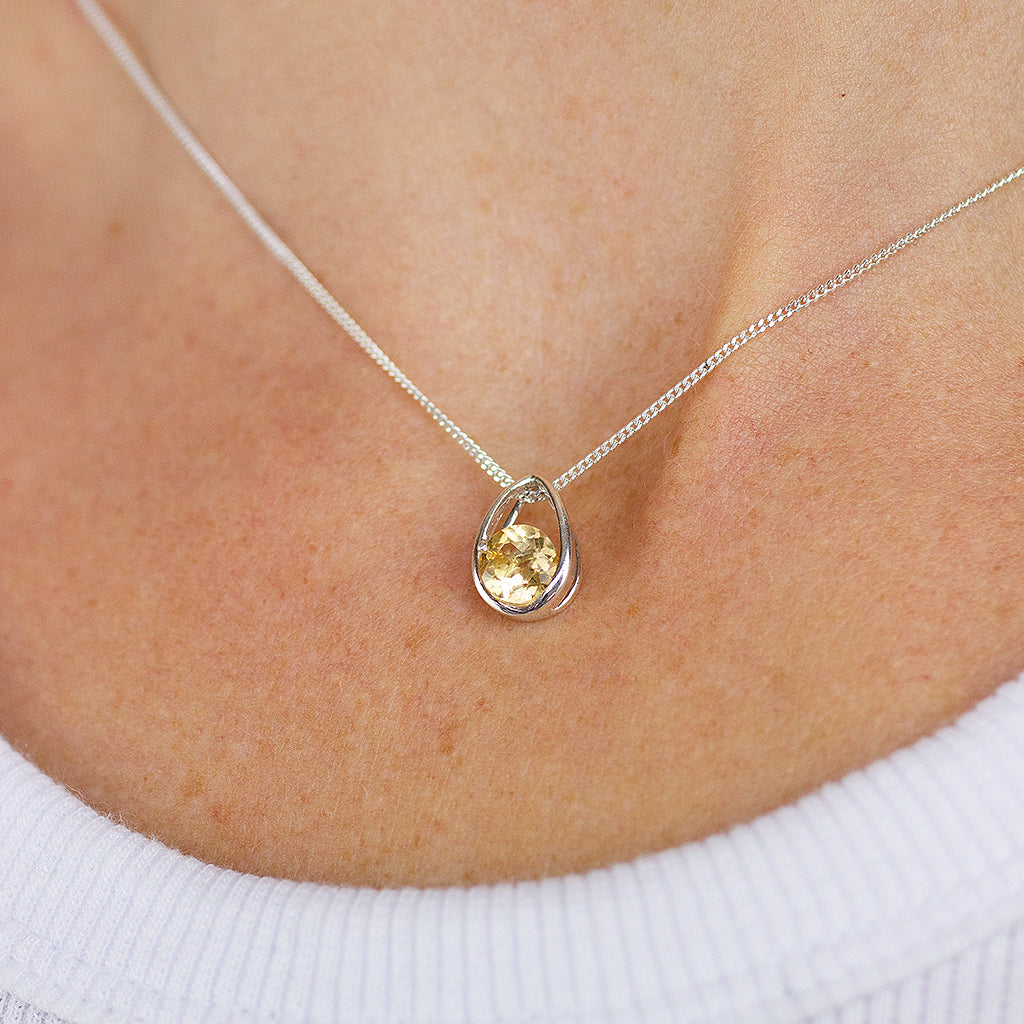 Teardrop Birthstone design Citrine Necklace on model