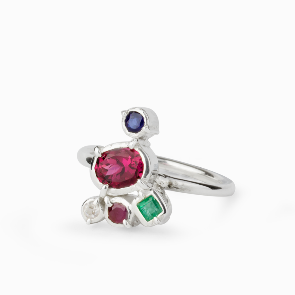 Pink Tourmaline, Emerald, Sapphire, Ruby & White Topaz Ring