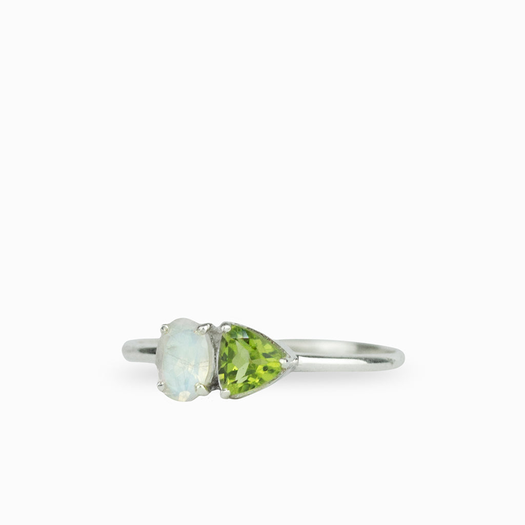 Triangular Peridot and Oval Rainbow Moonstone ring